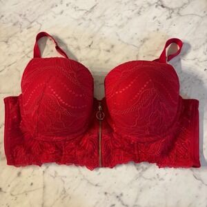 Cacique Lane Bryant Red Lace Front Zip Balconette Long Line Sexy Boost Bra 42D